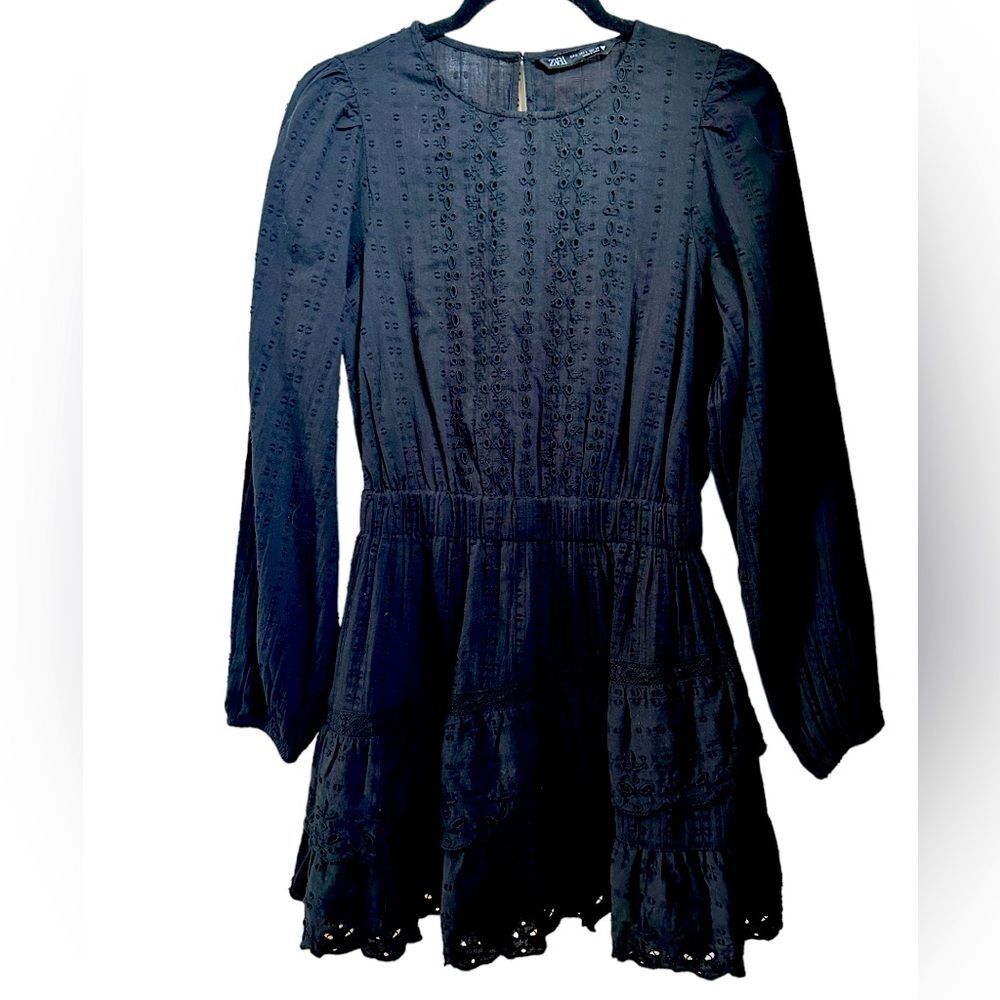 Zara | Black Eyelet Long Sleeve Dress, S